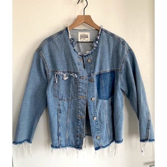 ZARA TRF Collarless Frayed Denim Jacket Size XS - Picture 11 of 14